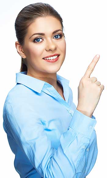 restorelle - lady in blue pointing