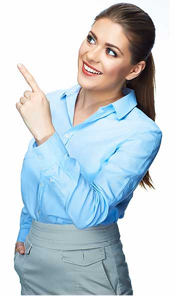 lady in blue pointing