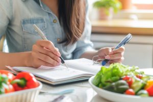 Close-up of a woman writing in a notebook with fresh vegetables like peppers and greens in the foreground, symbolizing a focus on healthy lifestyle choices and dietary planning.